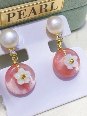 White Freshwater Pearl Rhodochrosite Carved Mother of Pearl Earrings 🆕